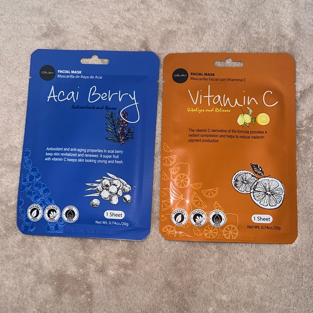 Clelavi facial sheet mask bundle of two masks Vitamin C & Açaí Berry New